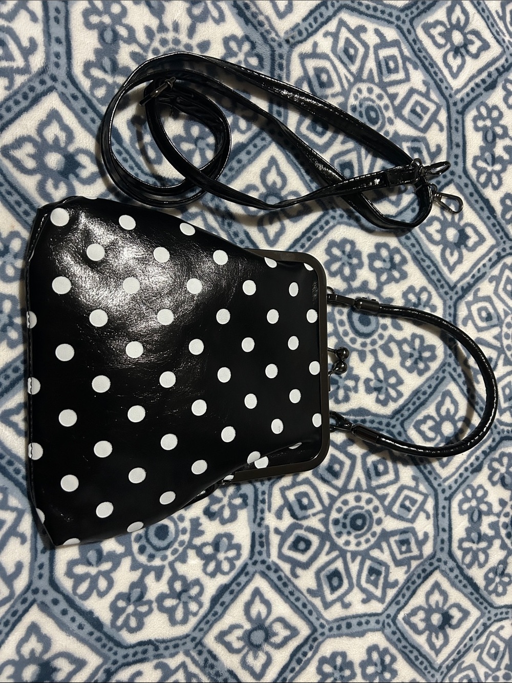 Black and White Polka Dot Patent Crossbody Bag